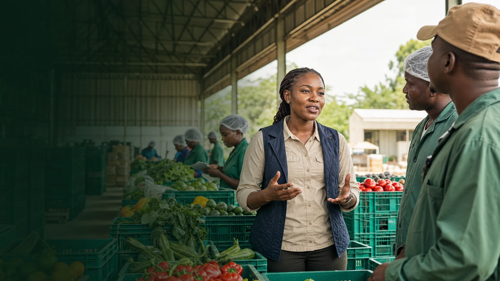 Tanzanian agribusiness leader speaking with a produce aggregation team