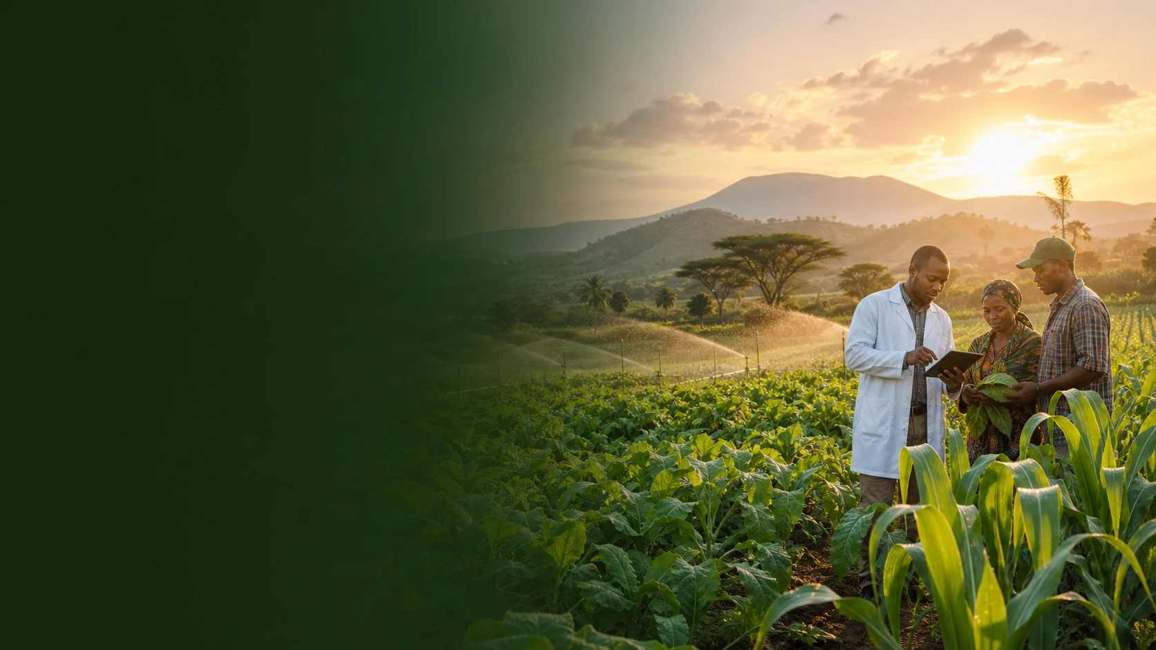 Tanzanian farmers and an agronomist inspecting irrigated crops at sunrise