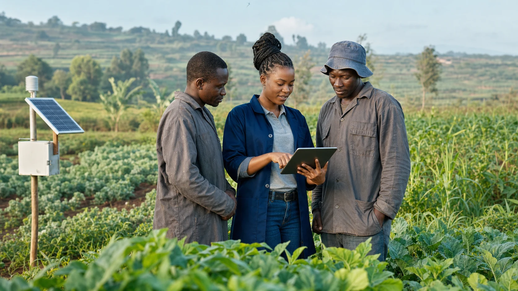 Tanzanian agritech entrepreneur demonstrating practical crop-monitoring technology to farmers