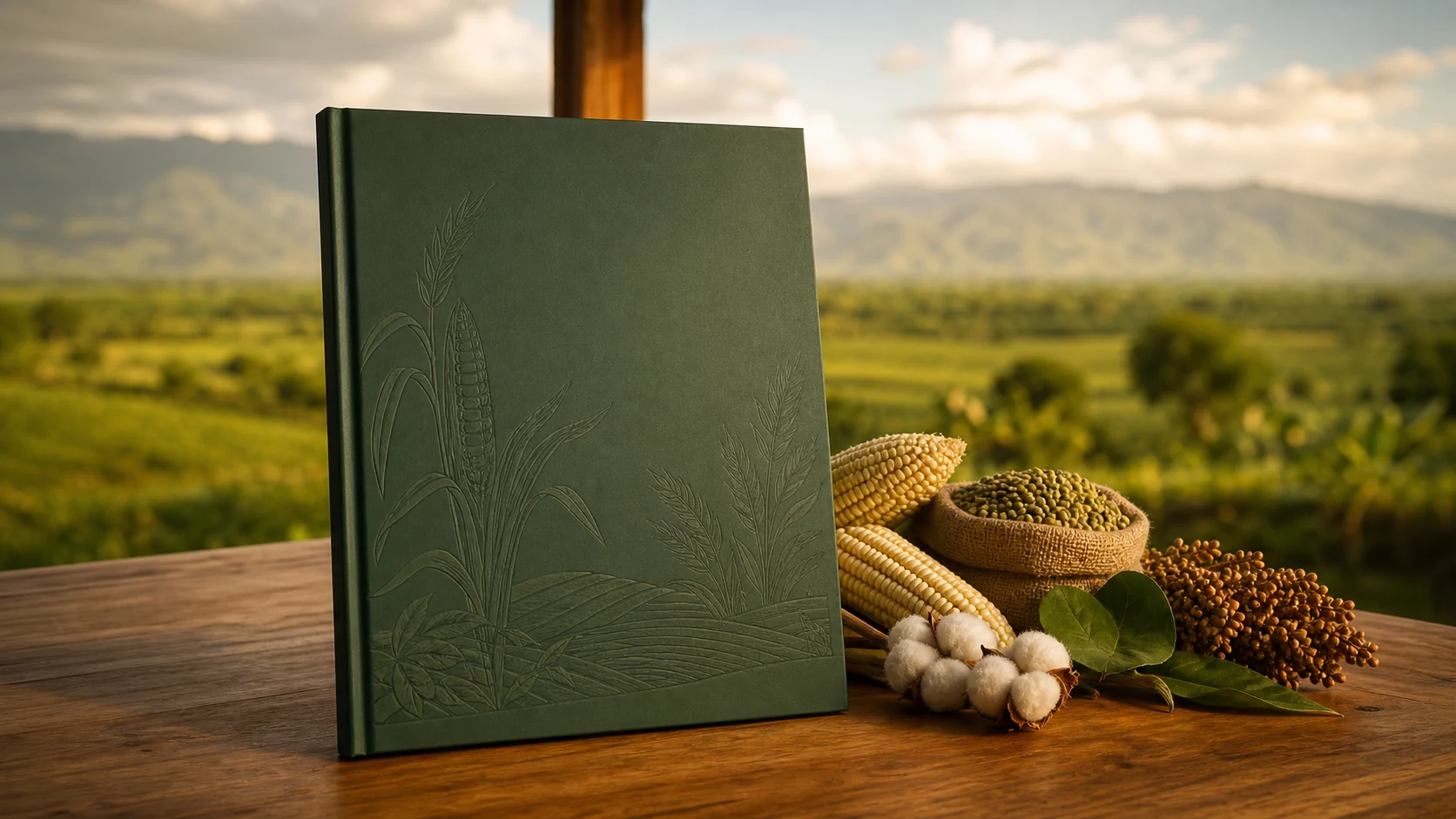 Premium annual agriculture publication overlooking a Tanzanian agricultural landscape