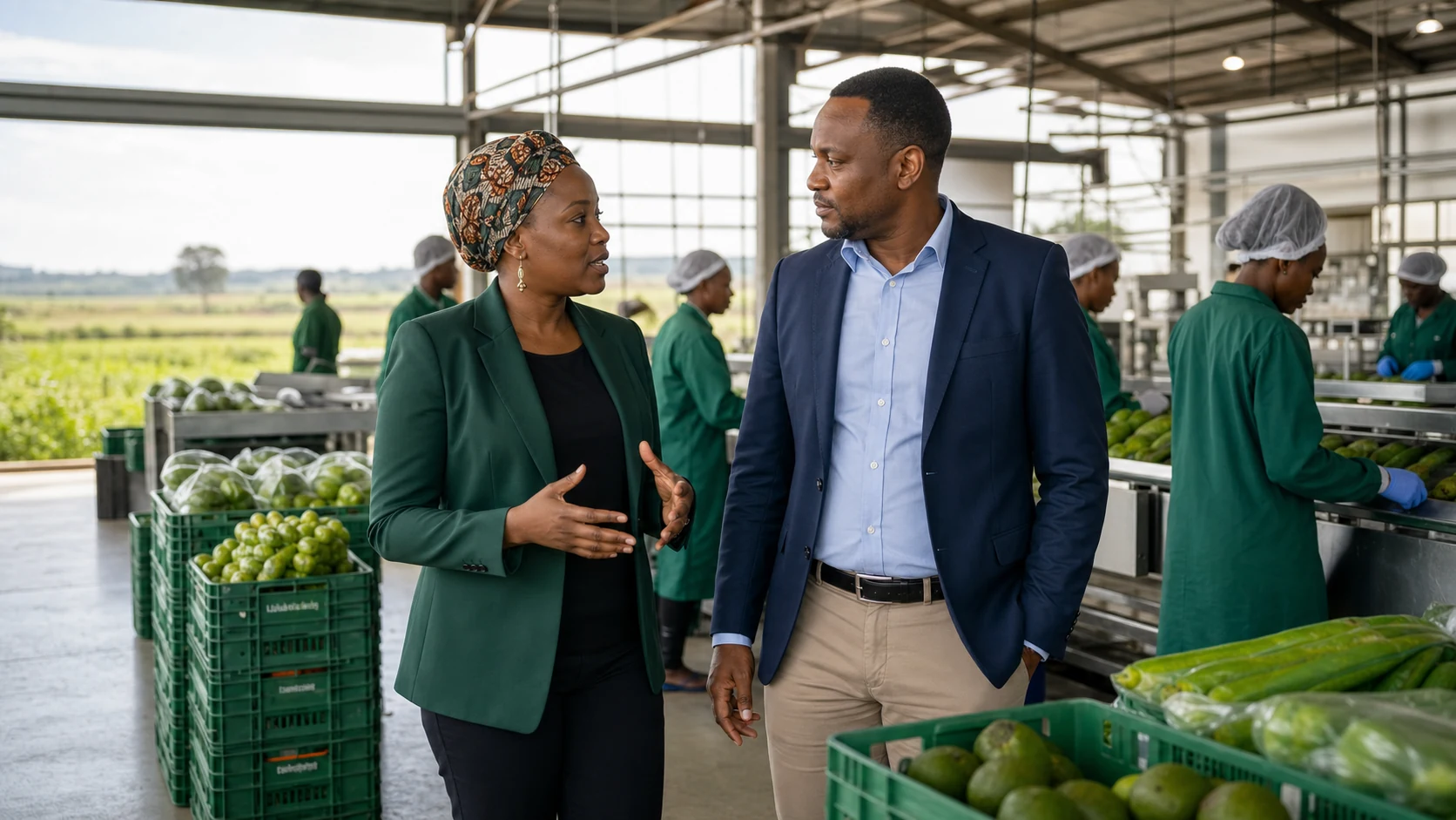 Tanzanian agribusiness founder and institutional partner discussing collaboration in a produce facility
