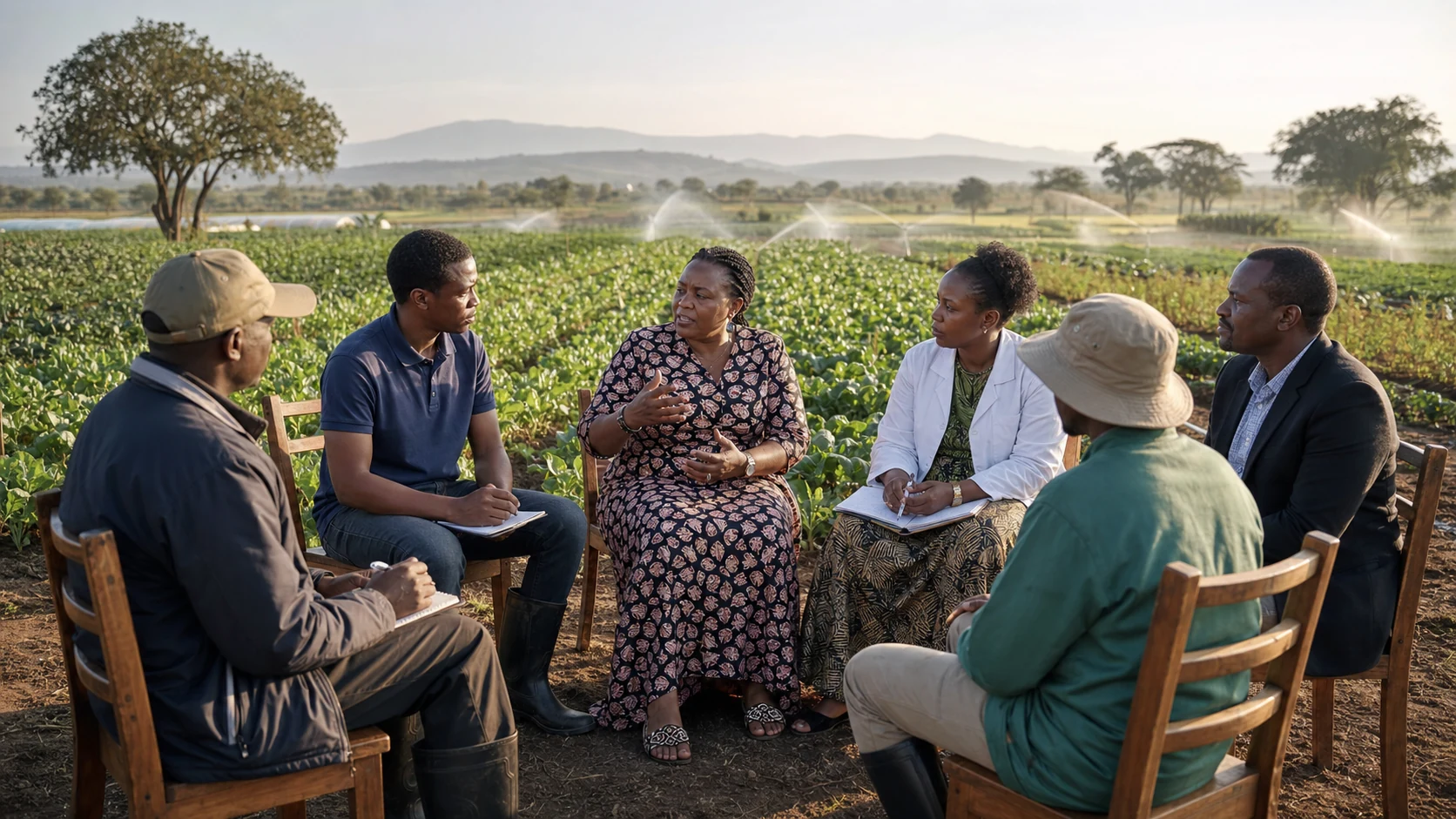 Tanzanian agriculture stakeholders in discussion beside a productive farm
