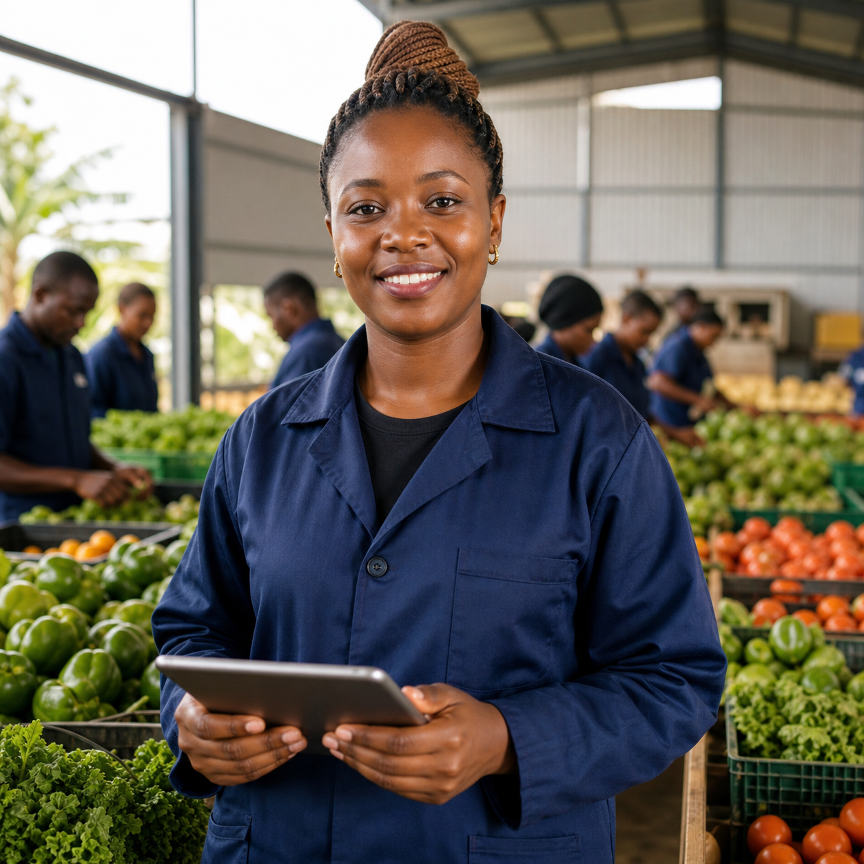 Tanzanian woman agribusiness professional in a fresh produce quality facility